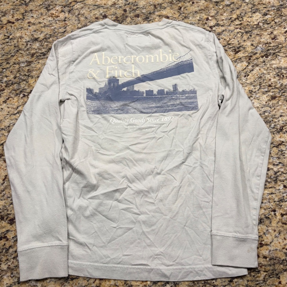 Abercrombie & Fitch Mens Long Sleeve Graphic Tee Brooklyn Bridge Grey Medium v